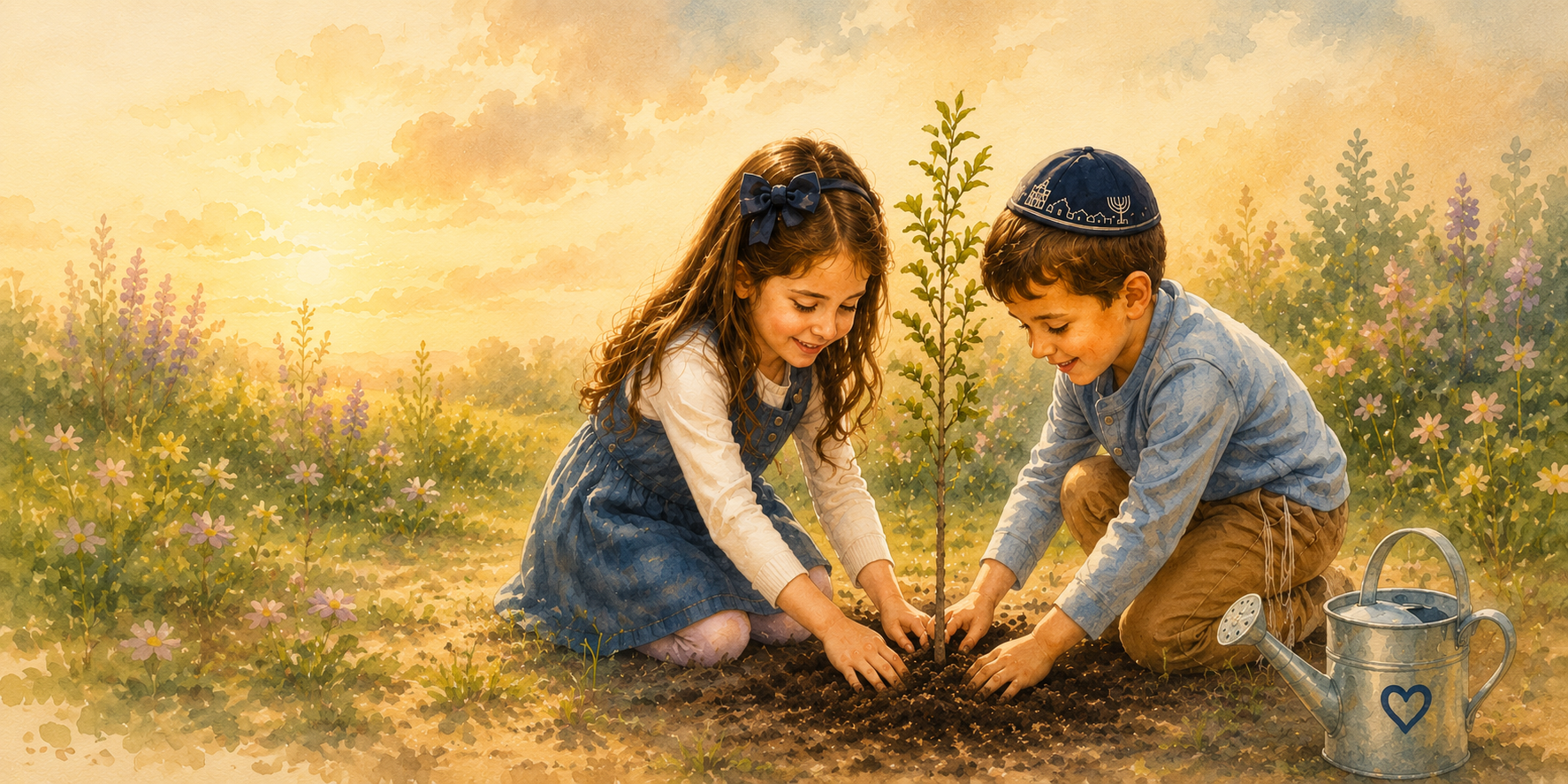 Two children planting a tree together